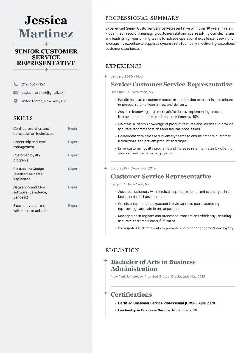 Best Senior Customer Service Representative Resume Examples