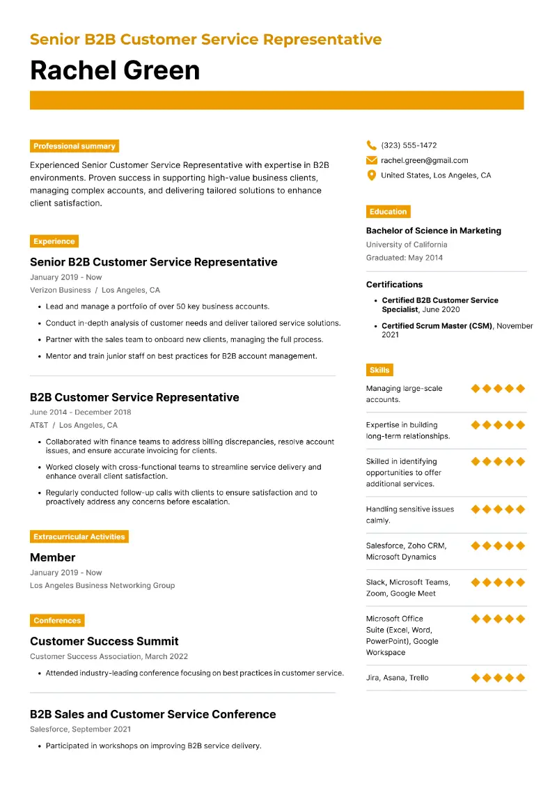Senior B2B Customer Service Representative  Resume Senior B2B Customer Service Representative  Resume