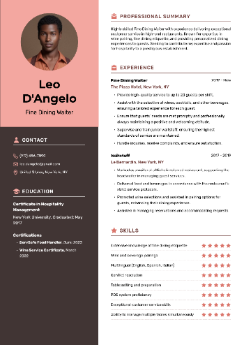 Fine Dining Waiter CV Example