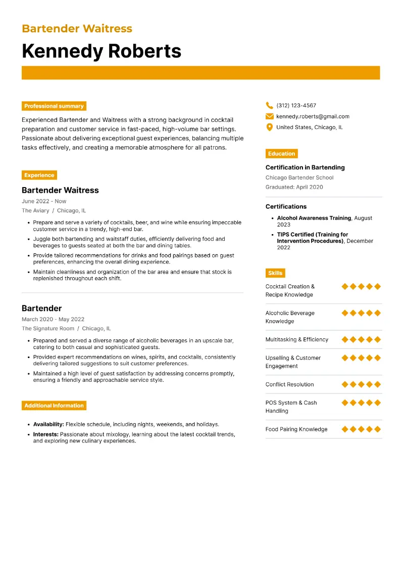Bartender Waitress Resume Bartender Waitress Resume