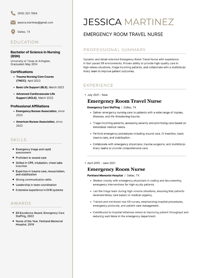 Emergency Room Travel Nurse Resume