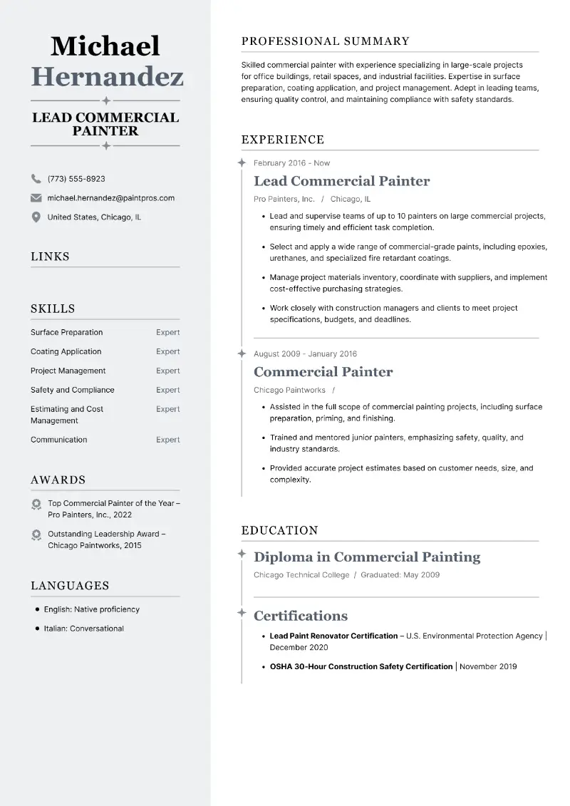 Lead Commercial Painter Resume