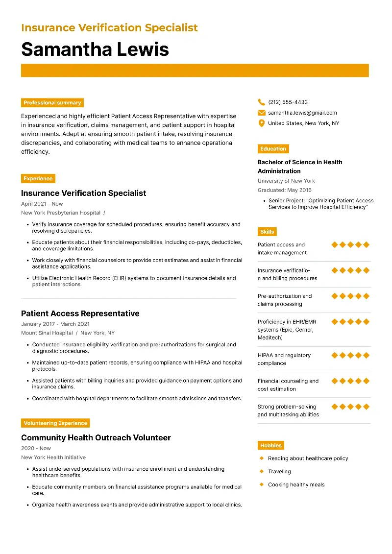 Insurance Verification Specialist  Resume