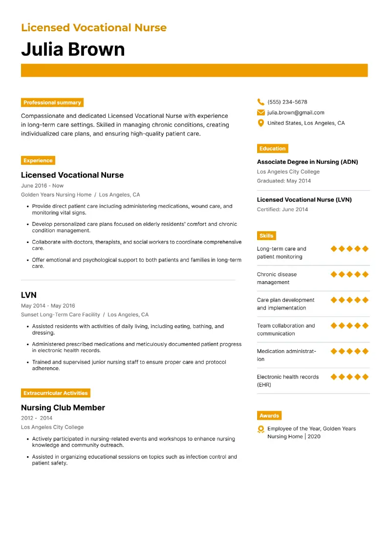 Licensed Vocational Nurse Resume