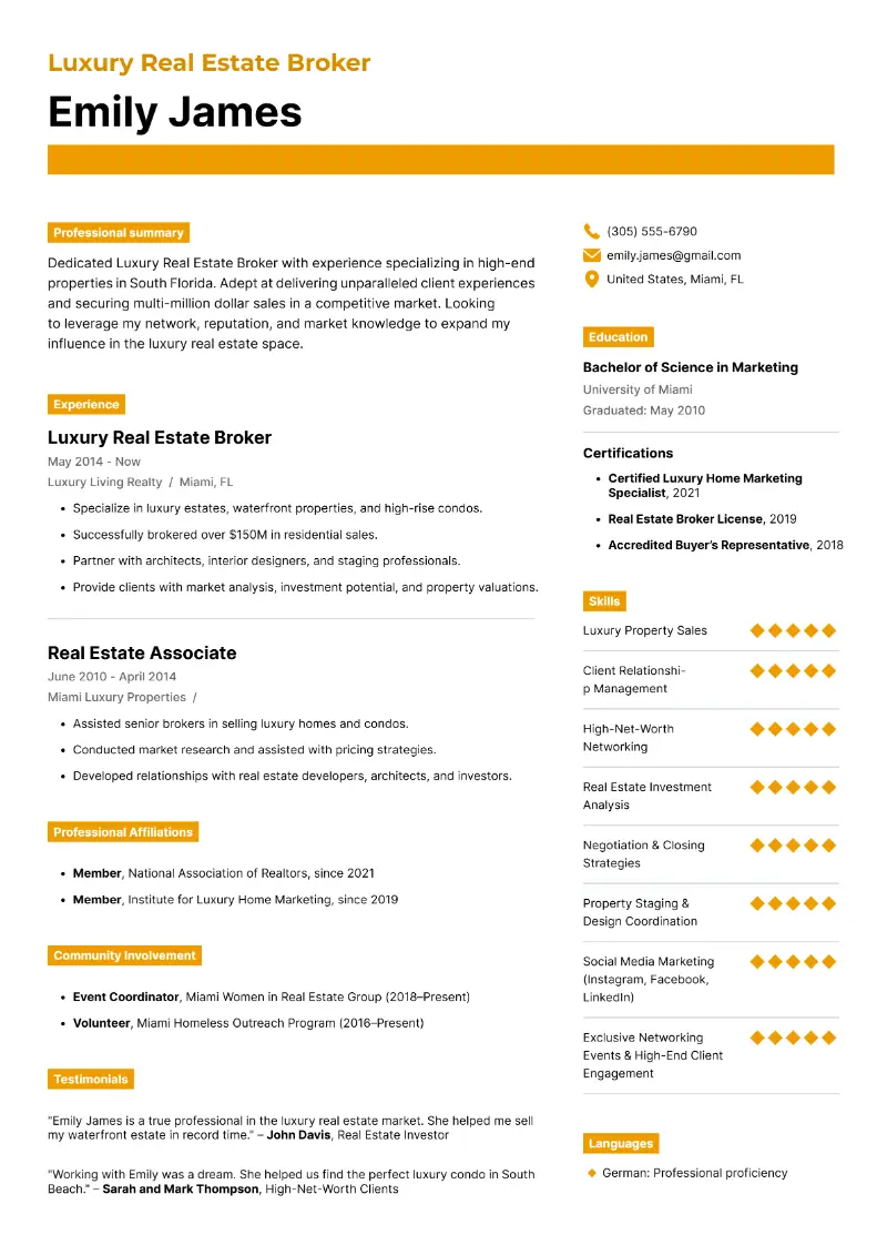 Luxury Real Estate Broker Resume