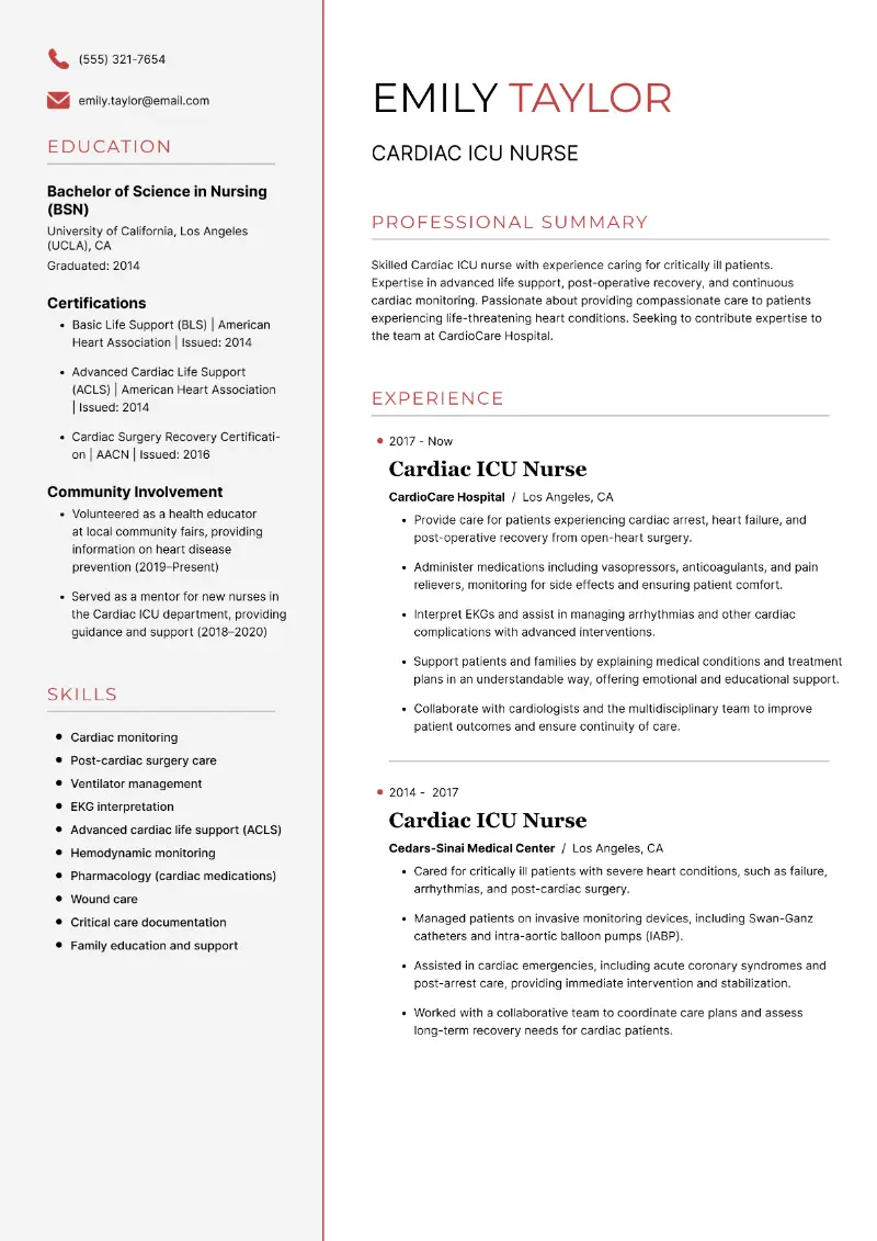Cardiac ICU Nurse Resume