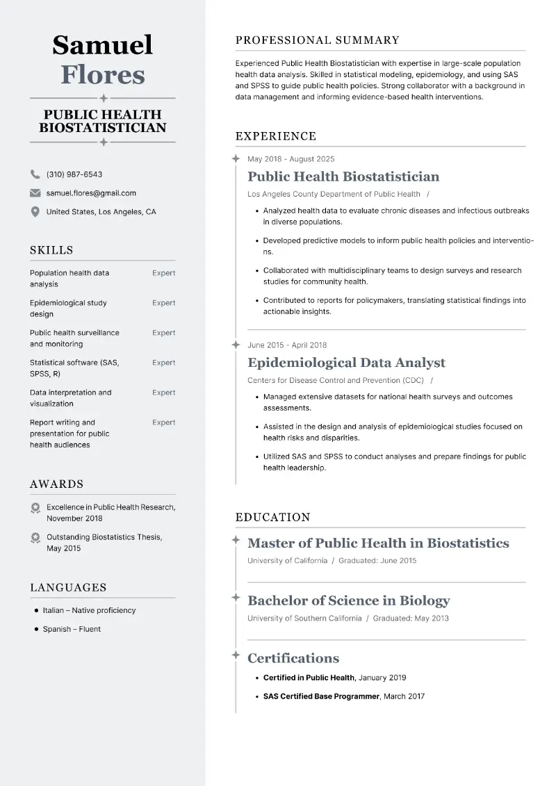 Public Health Biostatistician Resume