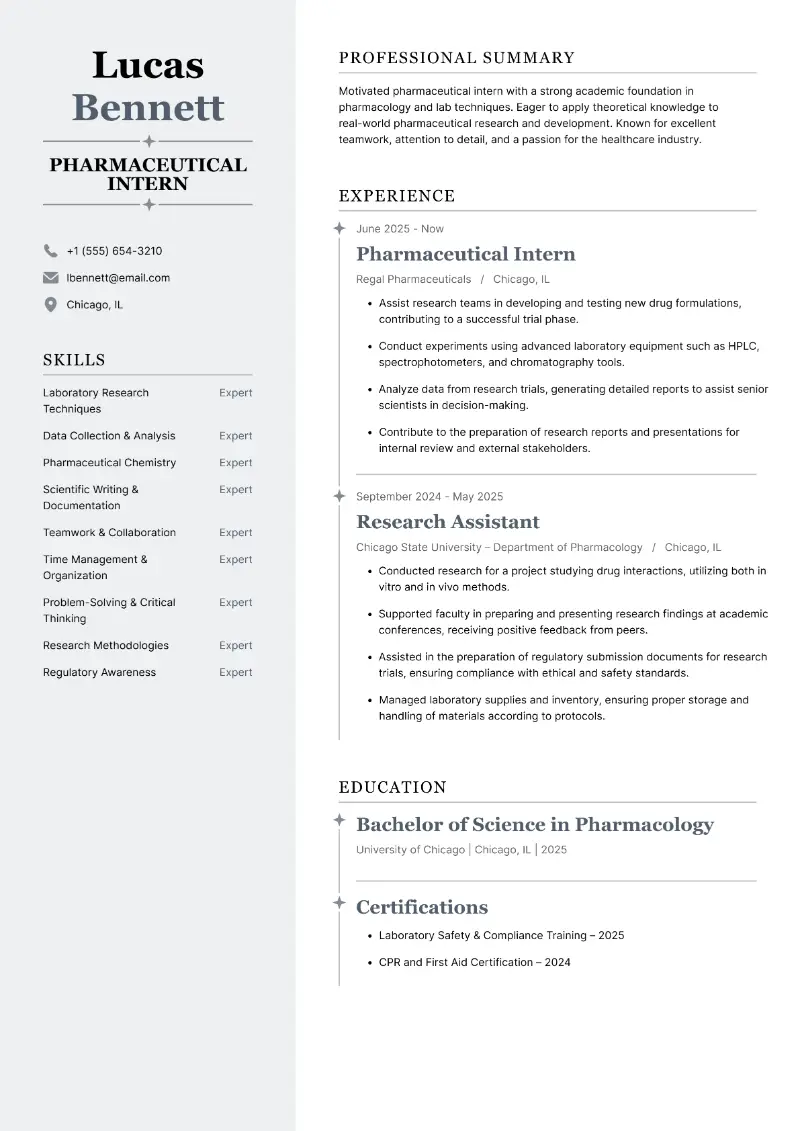 Pharmaceutical Intern Resume