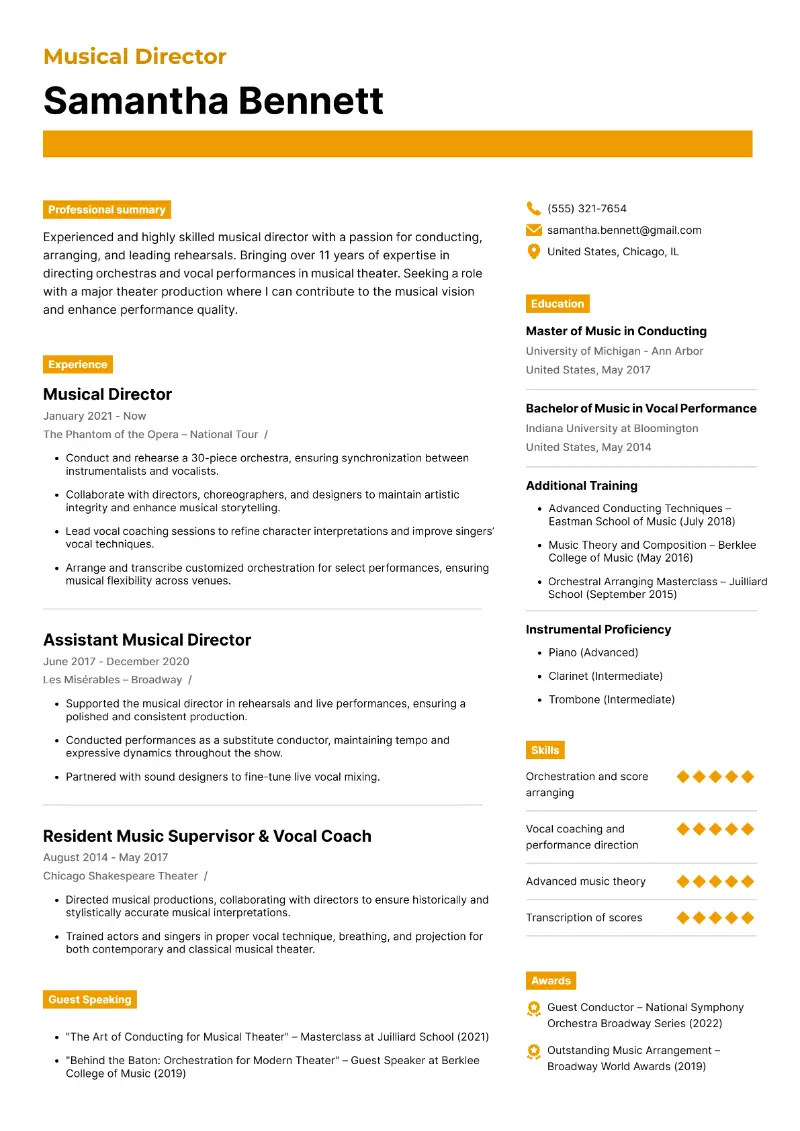 Musical Director Resume