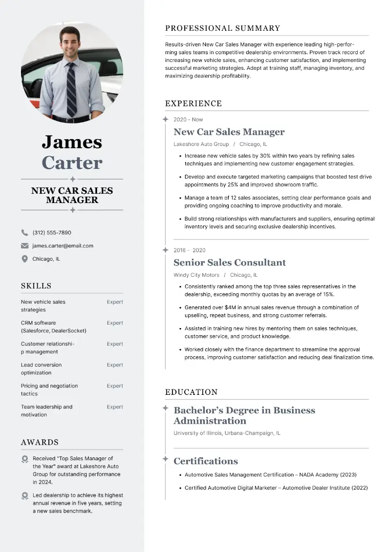 Car Sales Manager Resume Examples + Guide for 2025