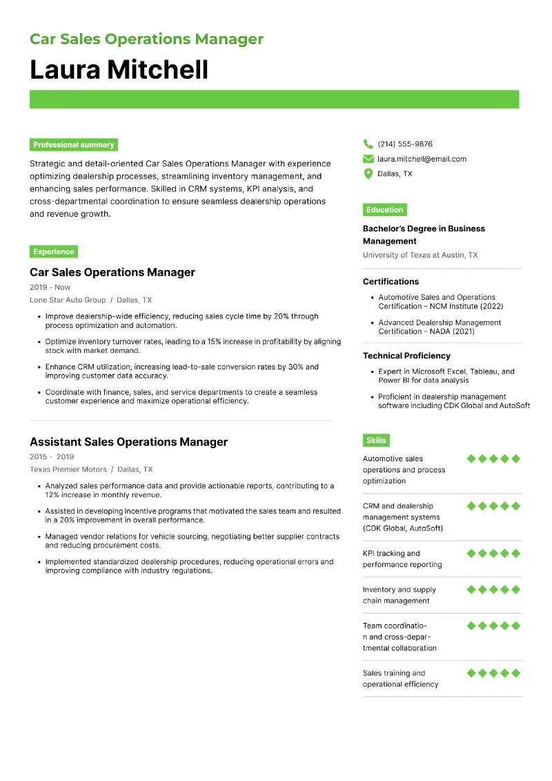 Car Sales Operations Manager Resume