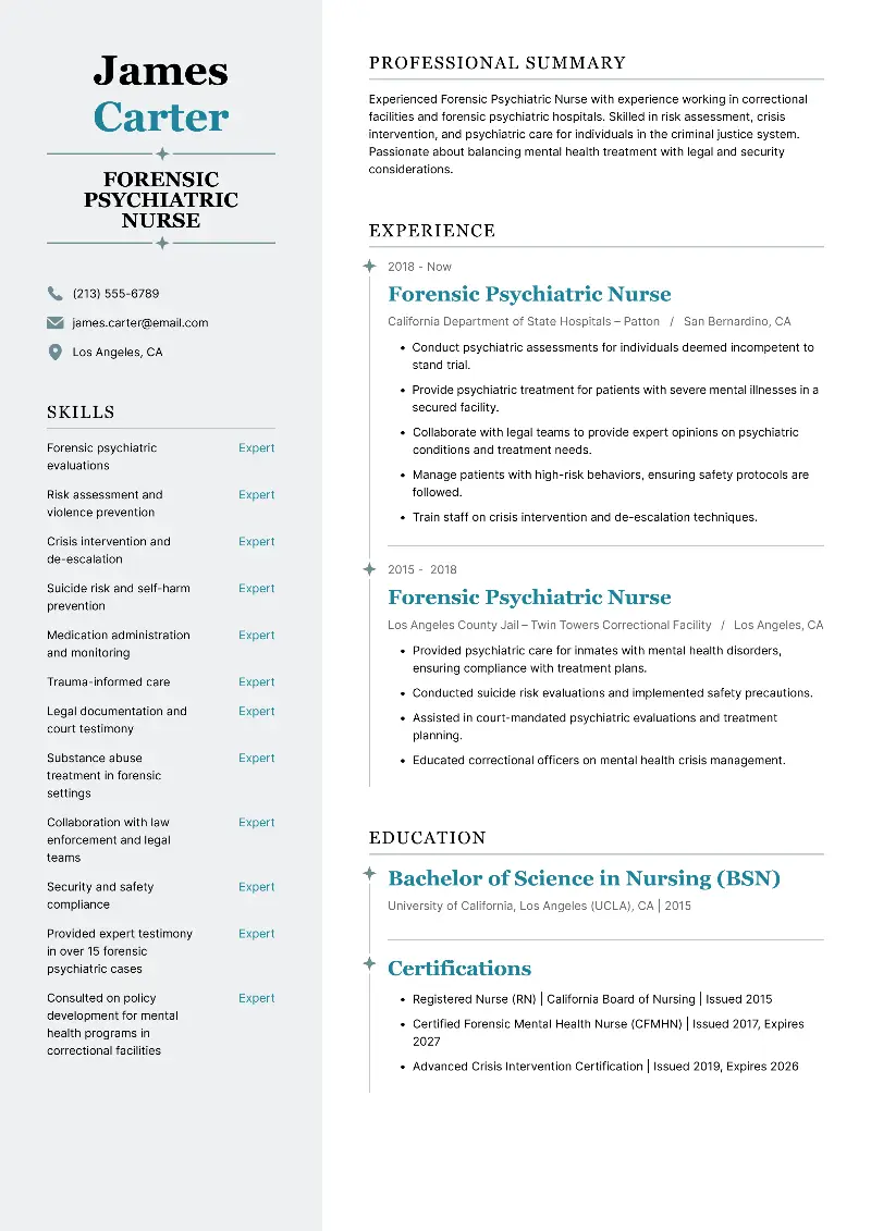 Forensic Psychiatric Nurse  Resume