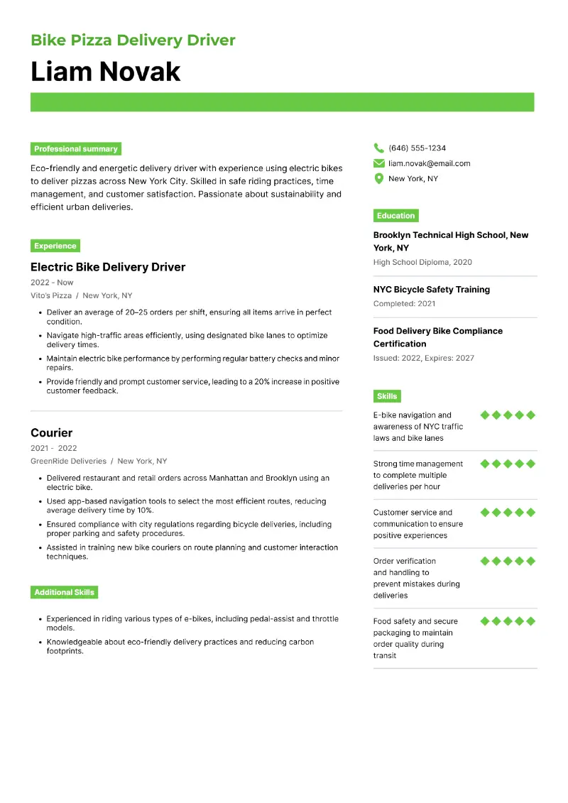 Bike Pizza Delivery Driver Resume