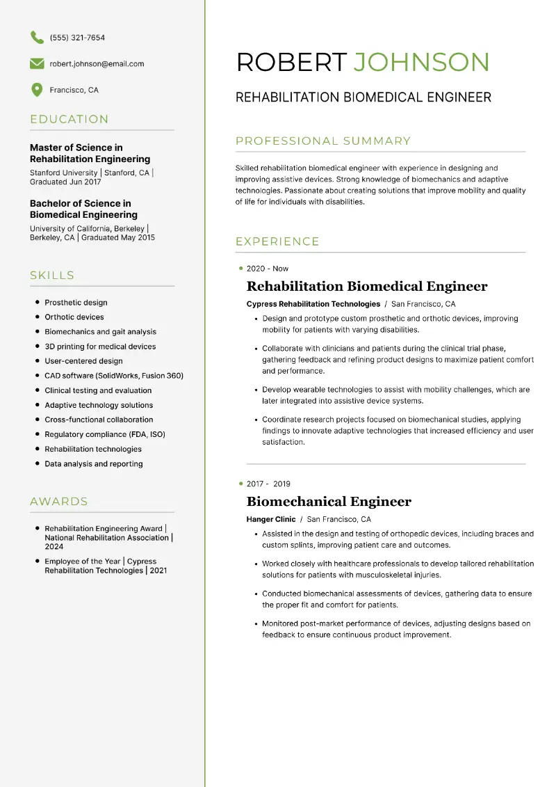 Rehabilitation Biomedical Engineer Resume