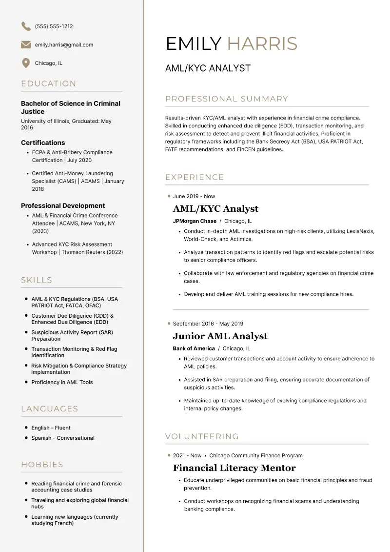 AML/KYC Analyst Resume