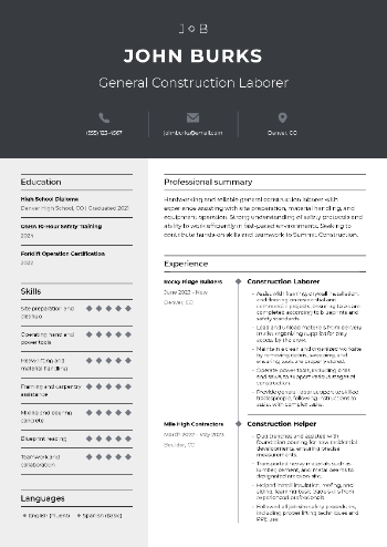 General Construction Laborer Resume Sample