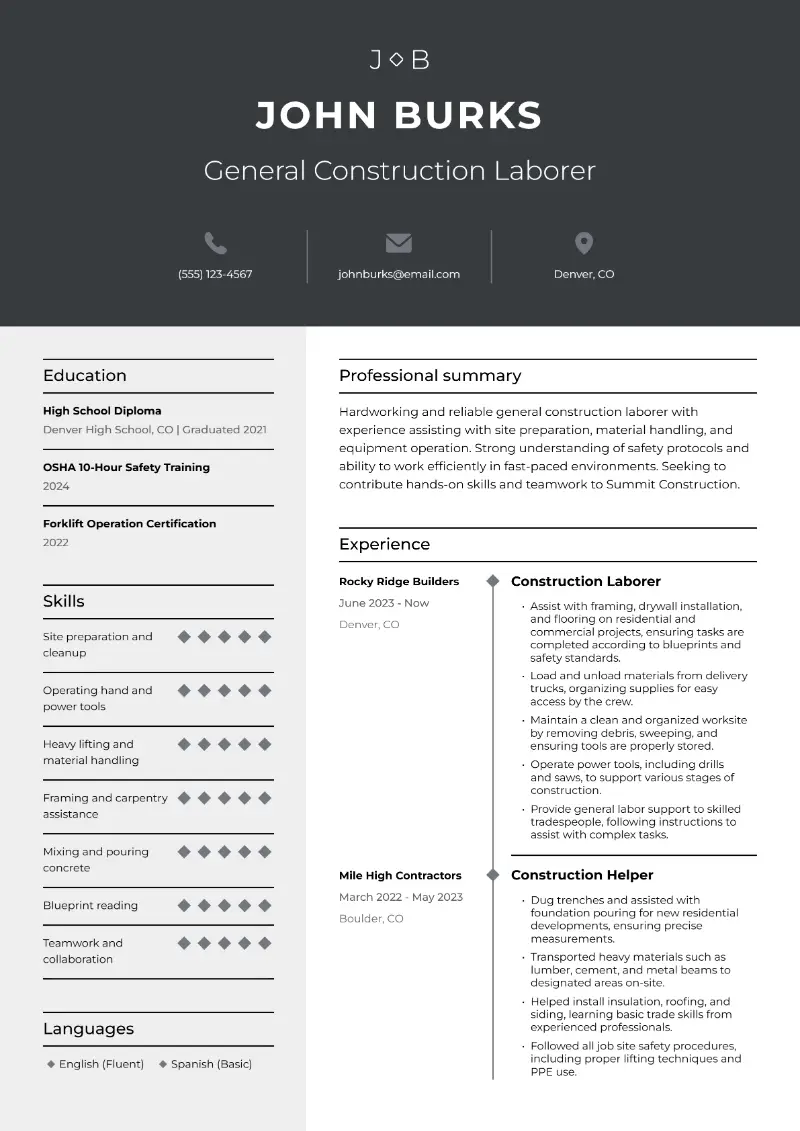 Construction Laborer Resume: Examples and Formatting Tips