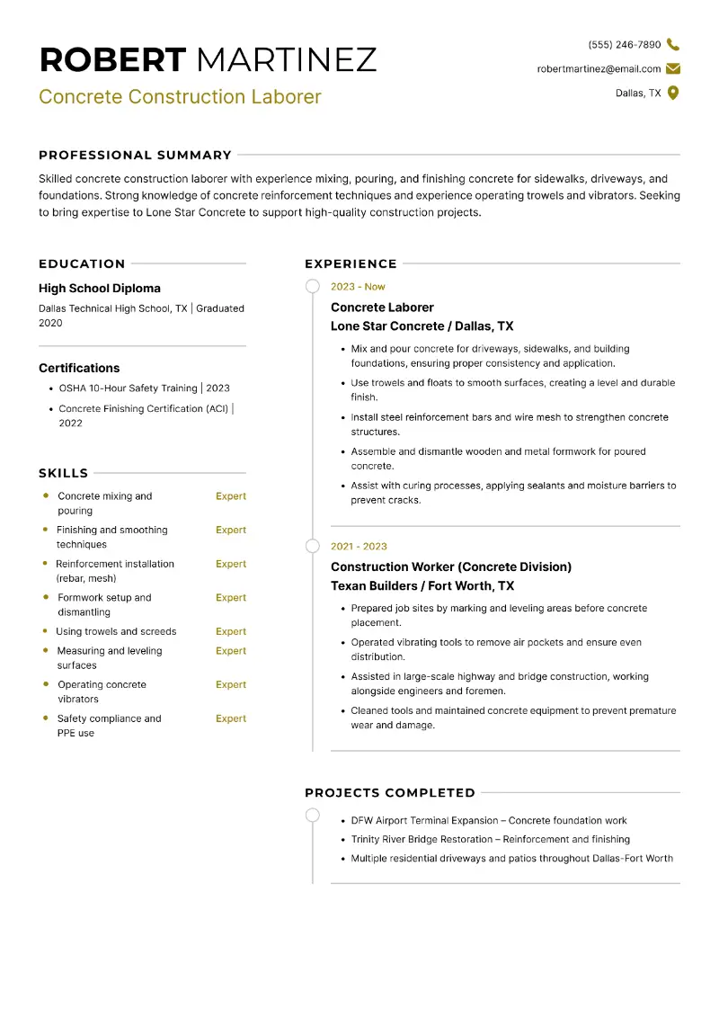Concrete Construction Laborer Resume