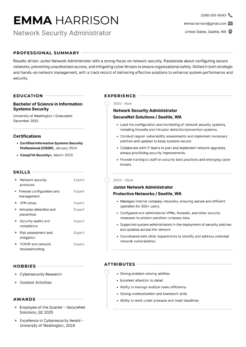 Network Security Administrator Resume Network Security Administrator Resume