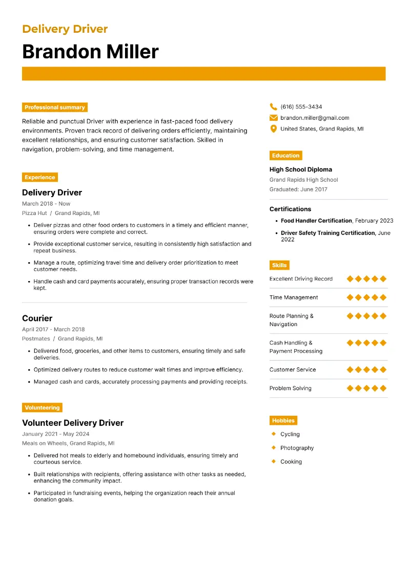 Delivery Driver Resume
