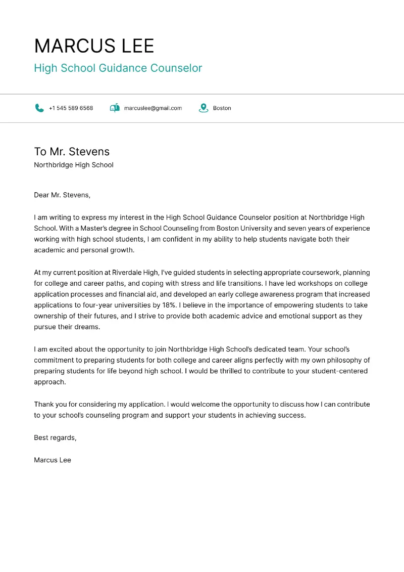 High School Guidance Counselor Cover Letter