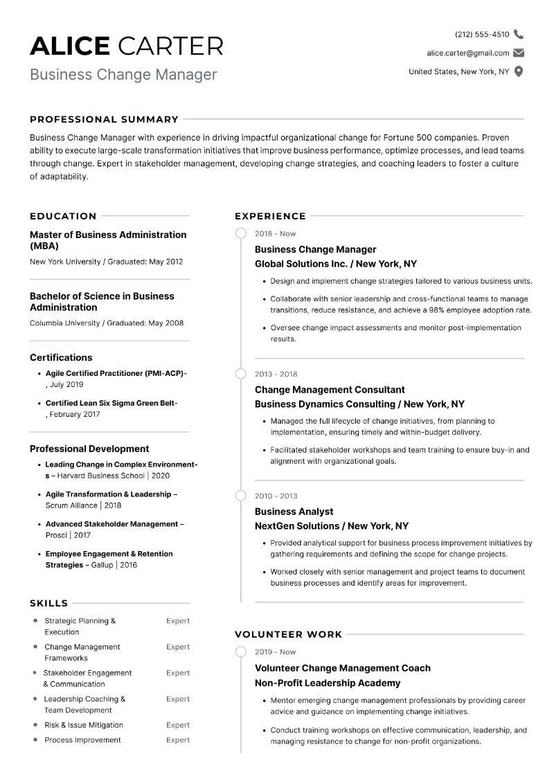 Business Change Manager Resume