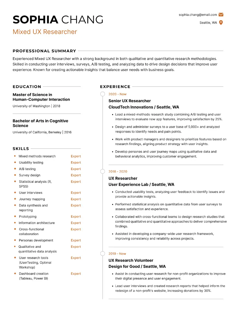 Mixed UX Researcher Resume Mixed UX Researcher Resume