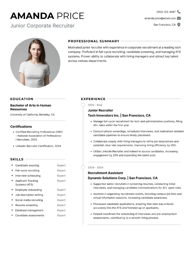 Junior Recruiter Resume Examples + Guide for 2025