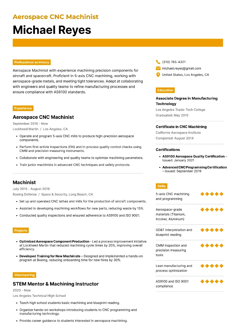 Aerospace CNC Machinist  Resume