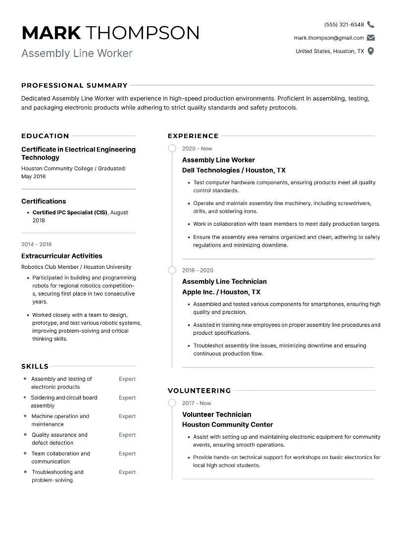 Assembly Line Worker  Resume