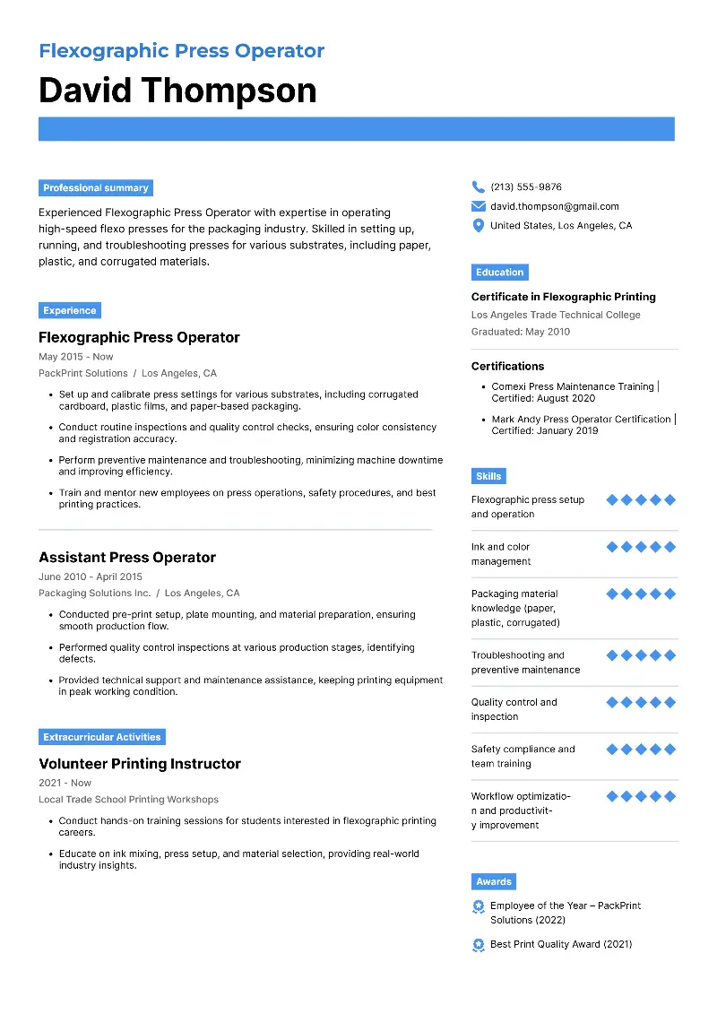 Flexographic Press Operator  Resume