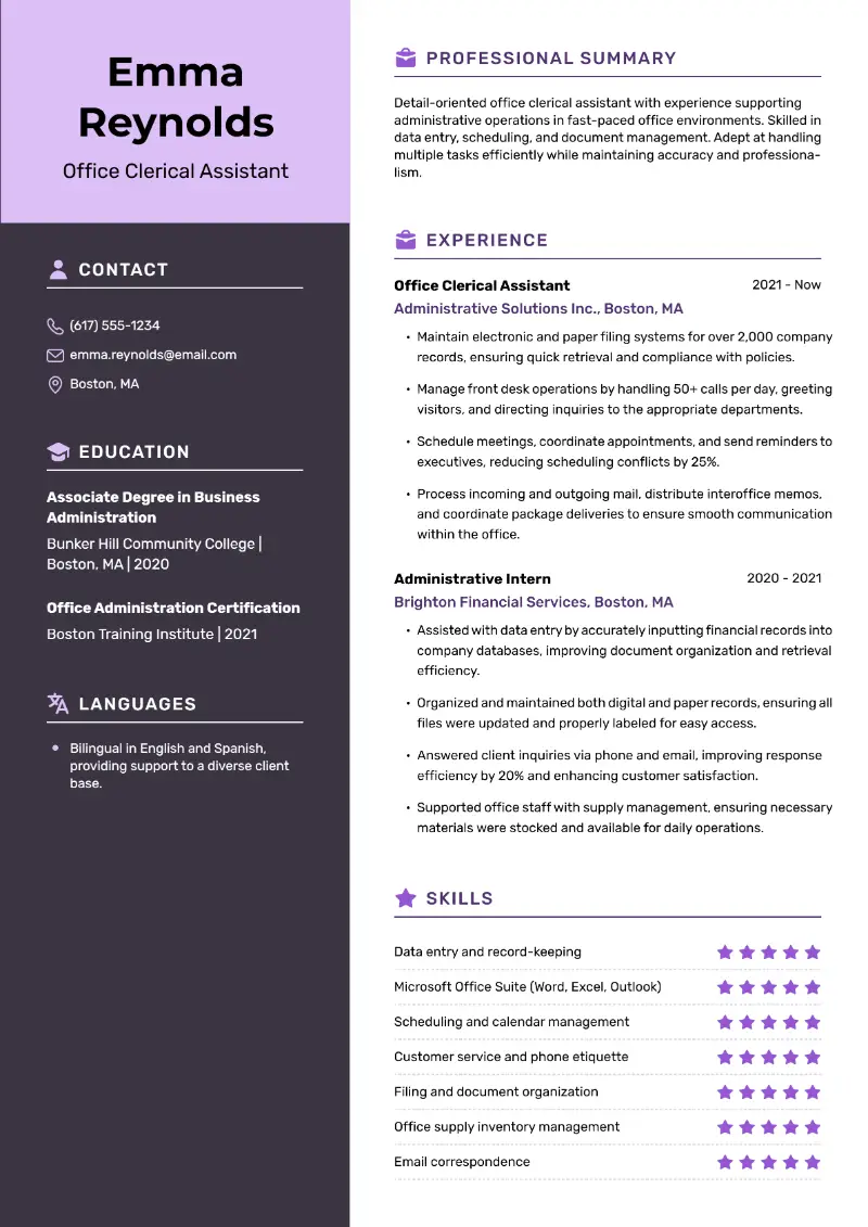 Clerical Assistant Resume Examples, Format, Skills in 2025