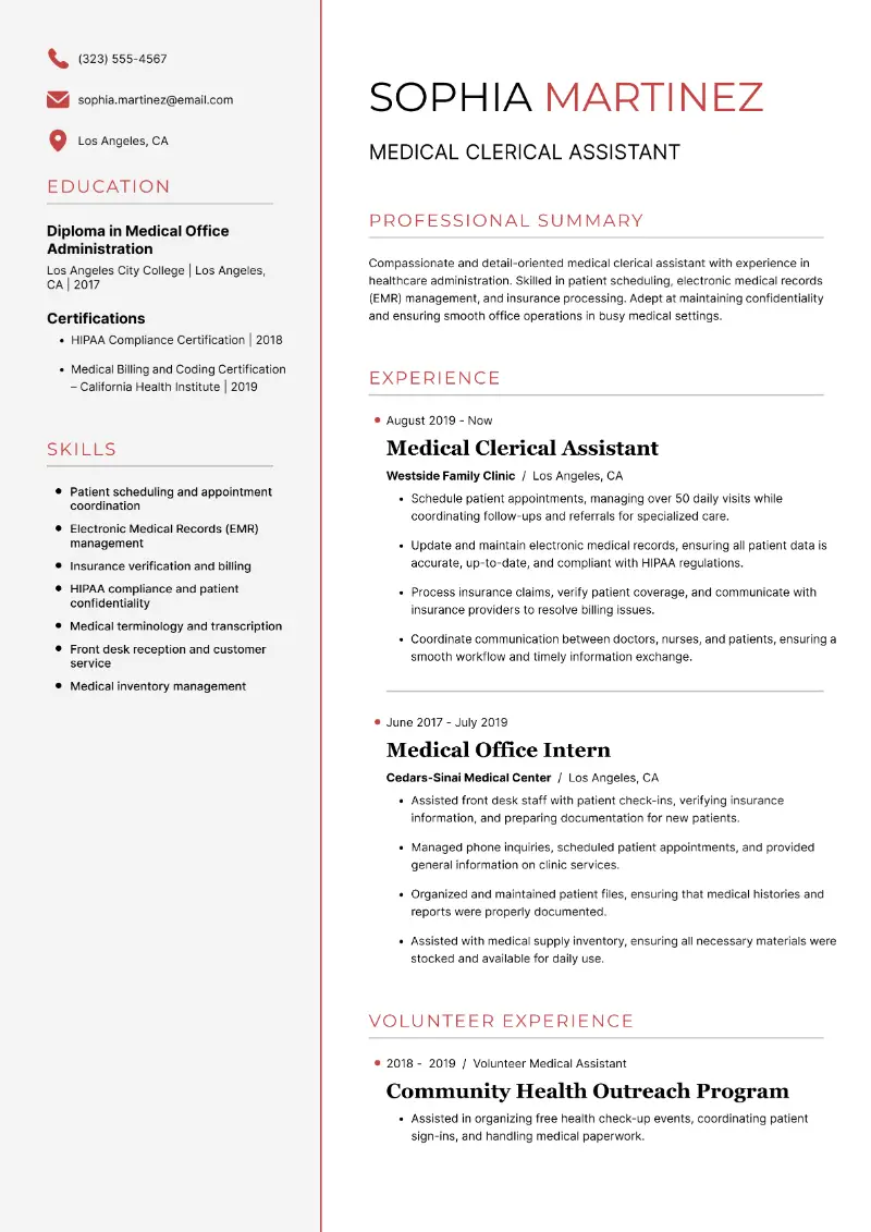 Medical Clerical Assistant Resume