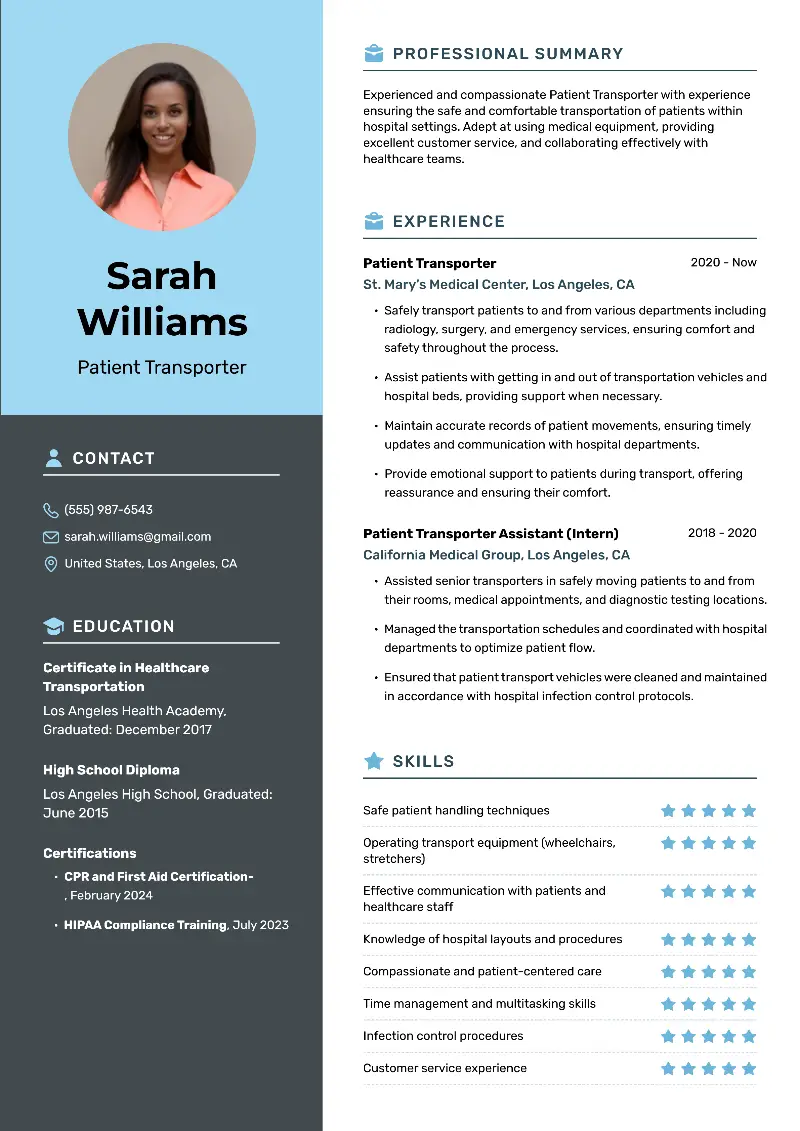 Patient Transporter Resume Examples, Templates & Skills