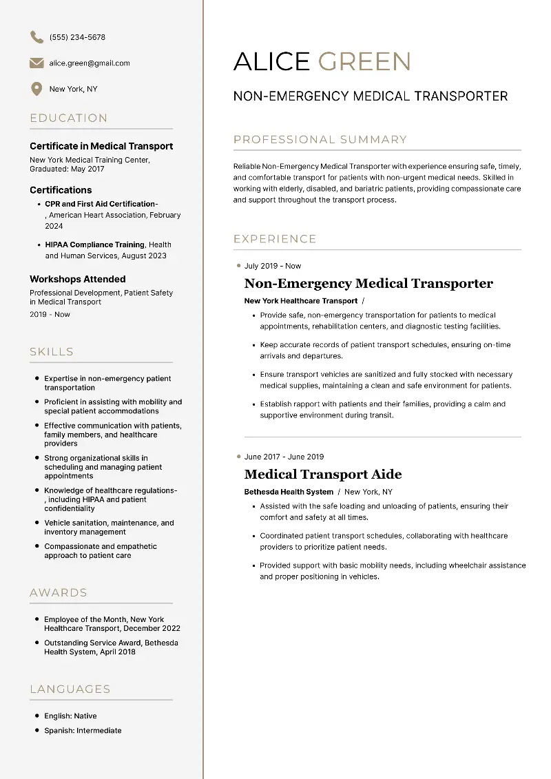 Non-Emergency Medical Transporter Resume Non-Emergency Medical Transporter Resume