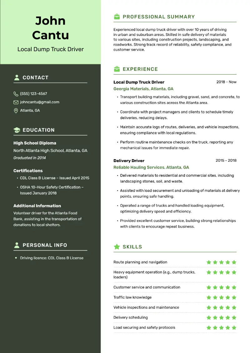 Dump Truck Driver Resume Examples & Templates for 2025