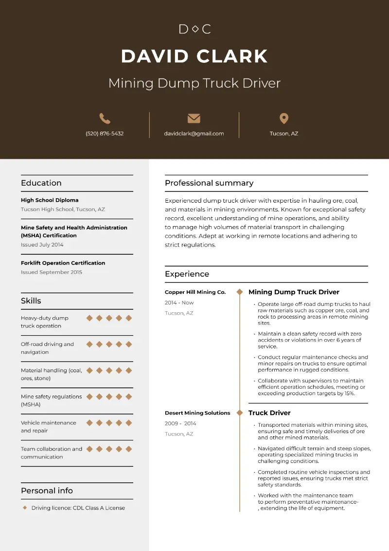 Mining Dump Truck Driver Resume