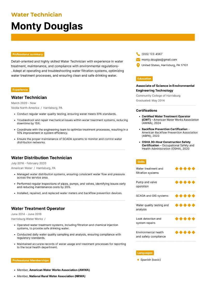 Water Technician CV Examples and Writing Guide