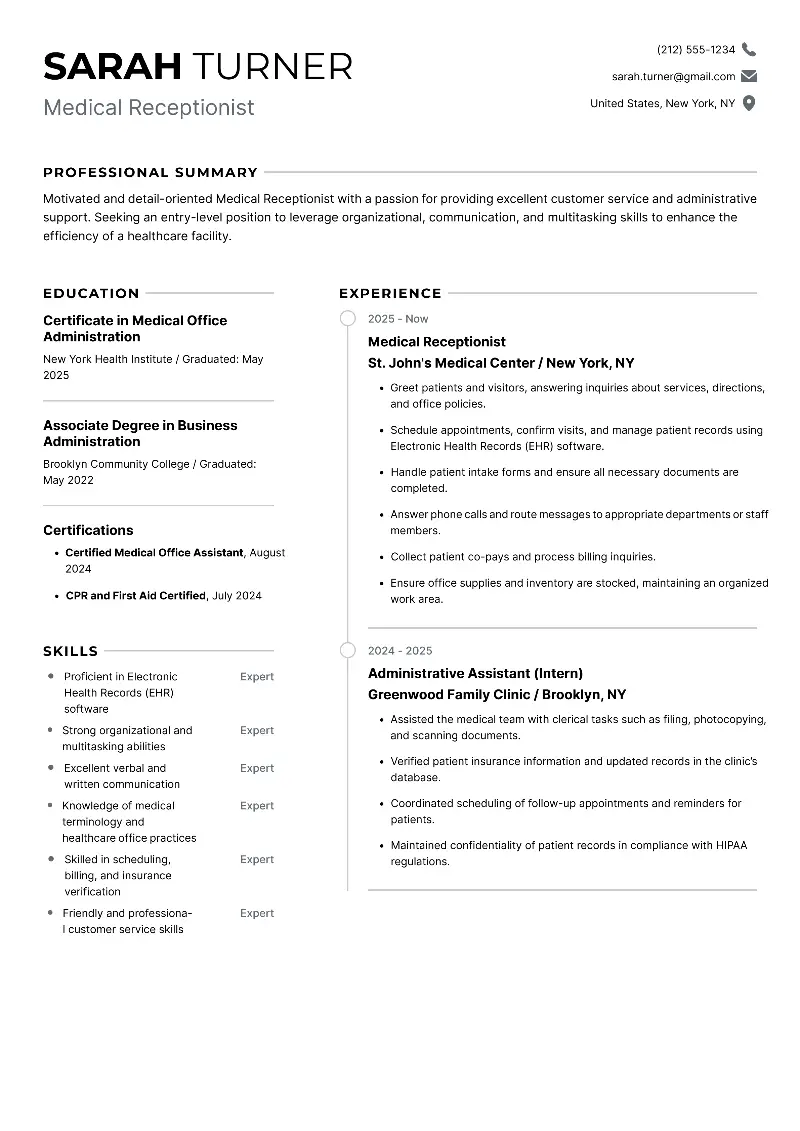 Entry-Level Medical Receptionist Resume Examples for 2025