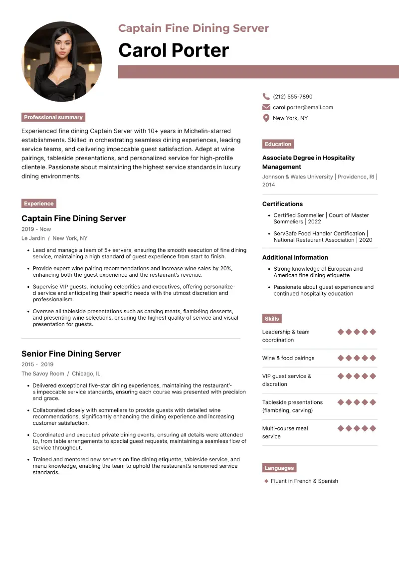 Fine Dining Server Resume Examples, Skills, & Formatting
