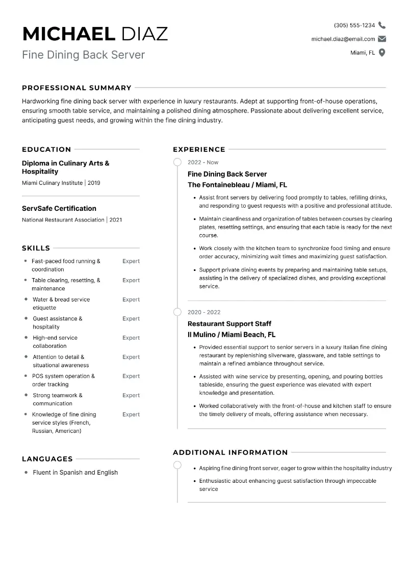 Fine Dining Back Server Resume