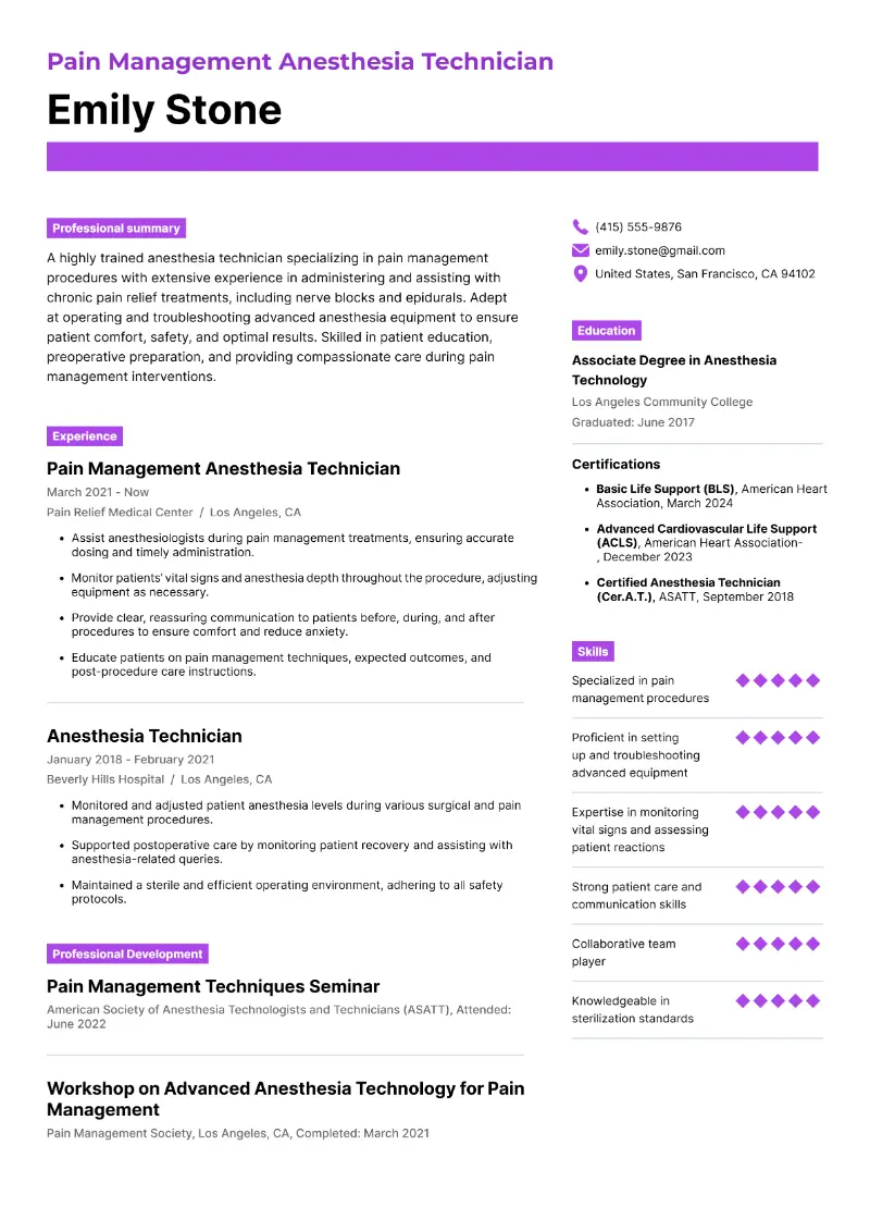 Pain Management Anesthesia Technician Resume