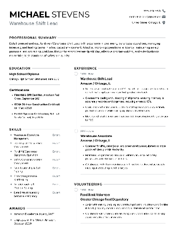 Warehouse Shift Lead Resume