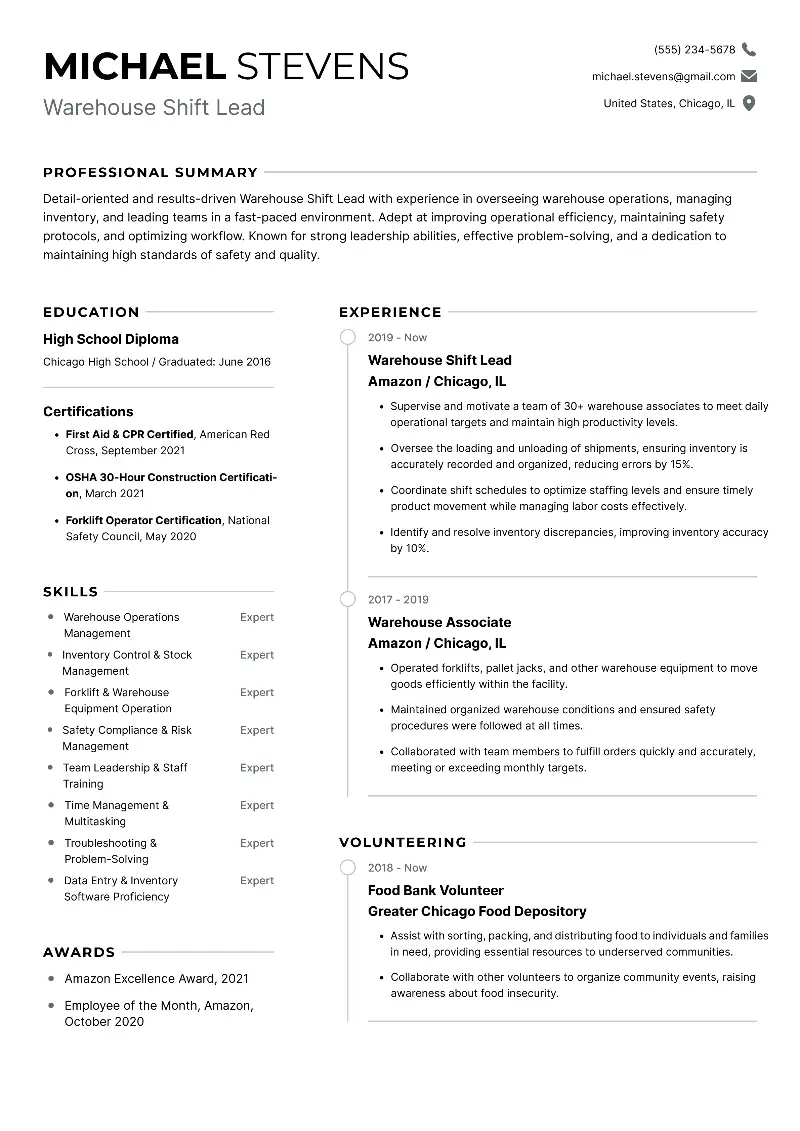 Warehouse Shift Lead Resume