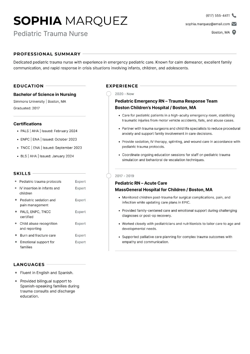 Pediatric Trauma Nurse Resume