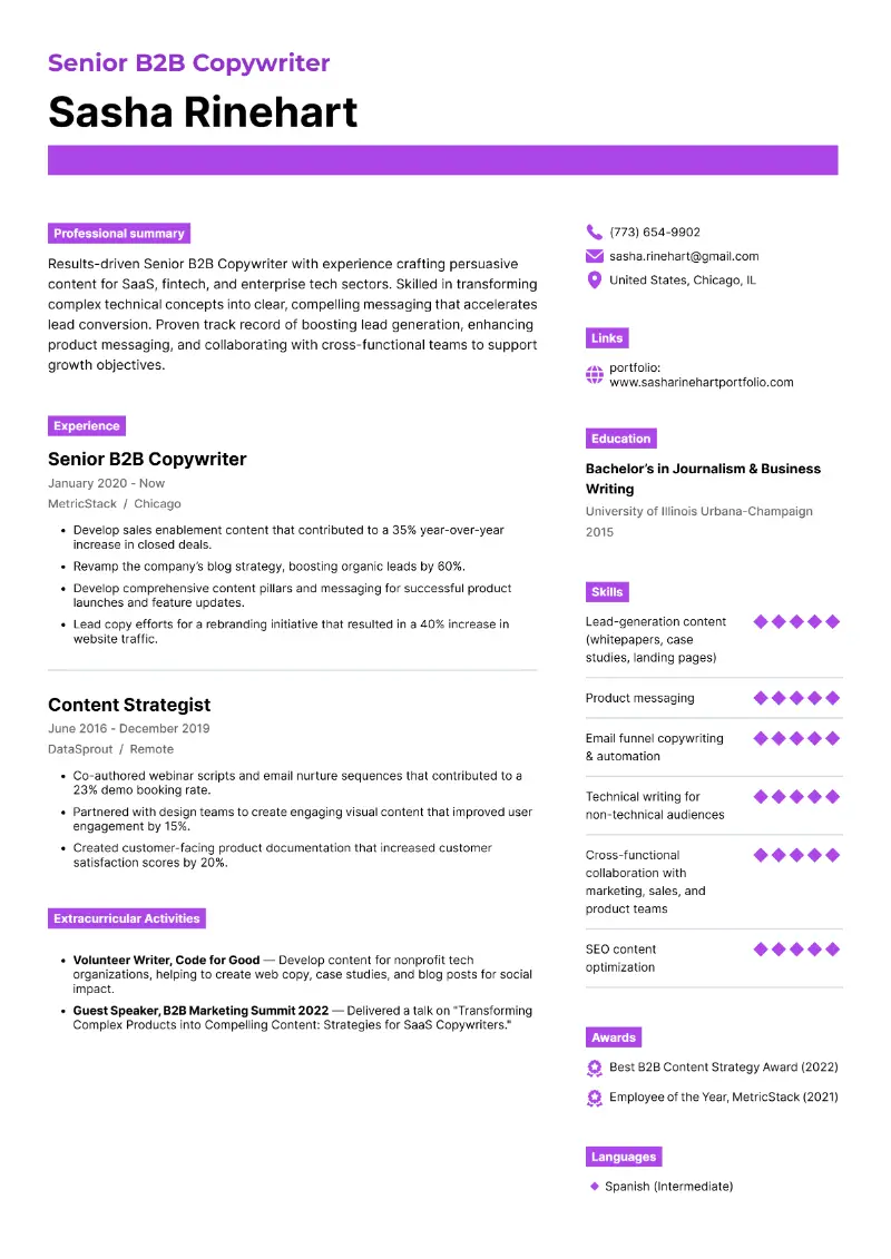 Senior B2B Copywriter Resume