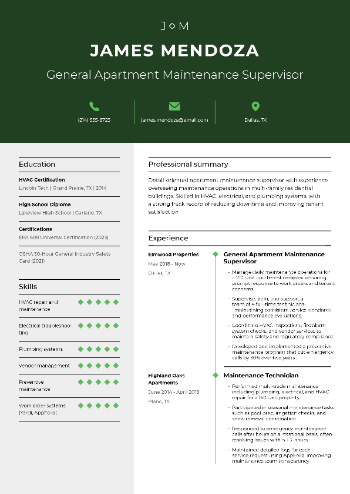 General Apartment Maintenance Supervisor Resume