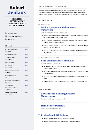 Senior Apartment Maintenance Supervisor Resume