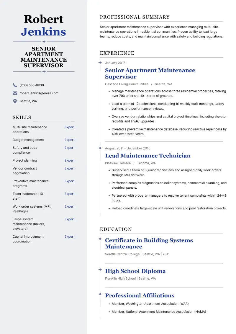 Senior Apartment Maintenance Supervisor Resume