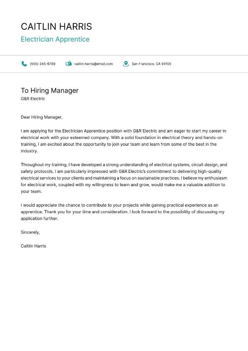 Electrician Apprentice  Cover Letter